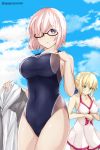  2girls artoria_pendragon_(all) artoria_pendragon_(all)_(cosplay) black_swimsuit bow clouds competition_swimsuit cosplay costume_switch cowboy_shot dress_swimsuit fate/grand_order fate/stay_night fate_(series) glasses hair_over_one_eye looking_at_viewer multiple_girls one-piece_swimsuit pink_bow purple_hair saber saber_(cosplay) shielder_(fate/grand_order) shielder_(fate/grand_order)_(cosplay) short_hair sky swimsuit swimsuit_of_perpetual_summer tasora twitter_username violet_eyes white_swimsuit 