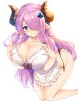  1girl apron black_panties blue_eyes blush braid breasts cleavage closed_mouth collarbone doraf granblue_fantasy hair_ornament hair_over_one_eye hinata_sora horns huge_breasts lavender_hair leaning_forward long_hair looking_at_viewer narumeia_(granblue_fantasy) nearly_naked_apron panties pointy_ears side_braid simple_background smile solo underwear very_long_hair white_apron white_background 