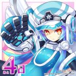  1girl 4 blue_hair bodysuit cabbie_hat gauntlets hair_ornament hat looking_at_viewer neptune_(series) next_white number official_art power_symbol red_eyes shin_jigen_game_neptune_vii short_hair_with_long_locks sidelocks symbol-shaped_pupils white_heart wings 