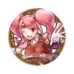  1girl breastplate circlet copyright_name fire_emblem fire_emblem_echoes:_mou_hitori_no_eiyuuou gloves long_hair mae_(fire_emblem) one_eye_closed open_mouth pink_hair red_eyes simple_background solo teeth twintails white_background yukimiyuki 