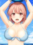  1girl bare_shoulders blue_sky blush breasts eyebrows_visible_through_hair highres inanaki_shiki large_breasts looking_at_viewer open_mouth orange_eyes orange_hair shiny short_hair sky solo swimsuit wet yahari_ore_no_seishun_lovecome_wa_machigatteiru. yuigahama_yui 