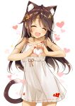  1girl ^_^ animal_ears blush breasts brown_hair cat_ears cat_girl cat_tail choker closed_eyes cowboy_shot dress fang garter_belt hair_ornament heart heart-shaped_boob_challenge heart_hands highres long_hair looking_at_viewer open_mouth original see-through simple_background small_breasts smile solo tail thigh-highs white_background white_dress white_legwear yanagi_yuu you&#039;re_doing_it_wrong 