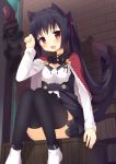  1girl :d animal_ears bangs barrel black_hair black_legwear black_skirt blush brick_wall cat_ears cat_tail chains cloak commentary_request convenient_leg crate detached_collar eyebrows_visible_through_hair frilled_skirt frills hair_ribbon long_hair long_sleeves looking_at_viewer open_mouth original paw_pose red_cloak red_eyes red_ribbon ribbon shirt shoes sitting skirt smile smoke solo sword tail tareme thigh-highs underbust usagino_suzu very_long_hair weapon white_shirt white_shoes 