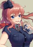  1girl :d anchor artist_name bangs black_hat black_shirt blue_eyes blush breasts brown_background commentary_request cup dawn_(664387320) drinking_straw eyebrows_visible_through_hair hat highres holding holding_cup kantai_collection large_breasts looking_at_viewer military military_uniform open_mouth ponytail redhead round_teeth saratoga_(kantai_collection) shirt short_sleeves sidelocks simple_background smile solo teeth tongue upper_body 