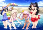  5girls :d ;) absurdres beach bikini bikini_skirt black_hair black_ribbon blonde_hair blue_bikini blue_shorts braclet breasts brown_eyes chloe_von_einzbern cleavage collarbone crop_top crossed_arms dark_skin day drill_hair fate/kaleid_liner_prisma_illya fate_(series) flower frilled_bikini frills grin hair_flower hair_ornament hair_ribbon hand_in_hair hat hibiscus highres illyasviel_von_einzbern large_breasts leaning_forward long_hair looking_at_viewer luviagelita_edelfelt medium_breasts miyu_edelfelt multiple_girls navel o-ring_bikini ocean one_eye_closed open_mouth outdoors pink_bikini_bottom pink_hair red_bikini_top ribbon sarong short_shorts shorts silver_hair small_breasts smile soaking_feet strapless strapless_bikini straw_hat sun_hat swimsuit tohsaka_rin twintails wading yellow_flower 