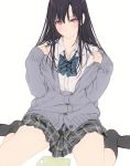  1girl black_hair blush cardigan kirisawa_saki long_hair miniskirt original red_eyes sitting sketch skirt socks wariza 