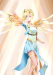  1girl 1u2d absurdres alternate_costume arm_up blonde_hair blue_eyes breasts brown_background cowboy_shot dress eyebrows_visible_through_hair facing_viewer glowing glowing_wings head_wreath high_ponytail highres knees_together_feet_apart laurel_crown light_rays looking_up mechanical_wings mercy_(overwatch) overwatch pelvic_curtain pleated_dress short_hair short_sleeves small_breasts solo spread_wings standing sunlight toga white_dress winged_victory_mercy wings yellow_wings 