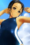  1girl armpits arms_up black_hair blue_sky blue_swimsuit blush closed_mouth clouds commentary_request competition_school_swimsuit competition_swimsuit day dripping green_eyes highres looking_at_viewer matsunaga_kouyou one-piece_swimsuit original outdoors school_swimsuit short_hair sky solo standing swimsuit wet 