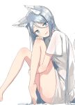 1girl :d animal_ears aqua_eyes extra_ears fang fox_ears fox_tail hand_on_own_knee highres light_blue_hair long_hair looking_at_viewer naked_shirt nosuku open_mouth original shirt silver_hair simple_background sitting smile tail white_background 