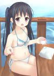  1girl :d bangs bare_arms bare_shoulders bench bikini black_hair blue_ribbon blush breasts cleavage collarbone double_scoop eyebrows_visible_through_hair front-tie_bikini front-tie_top hair_ribbon halter_top halterneck highres holding holding_spoon ice_cream_cup ice_cream_spoon long_hair looking_at_viewer napkin navel ocean open_mouth original pink_eyes pov_feeding railing ribbon side-tie_bikini sidelocks sitting small_breasts smile solo swimsuit table tareme twintails usagino_suzu white_bikini wooden_table 