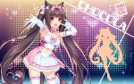  1girl :d \m/ animal_band_legwear animal_ears artist_name bangs bare_shoulders blunt_bangs bow bowtie breasts brown_eyes brown_hair cat_band_legwear cat_ears cat_tail character_name chocola_(sayori) elbow_gloves eyebrows_visible_through_hair frills gloves hair_ribbon heart highres layered_skirt long_hair looking_at_viewer medium_breasts midriff navel nekopara official_art open_mouth outstretched_arm ribbon sayori silhouette slit_pupils smile solo sparkle tail thigh-highs twintails very_long_hair wallpaper white_gloves white_legwear 