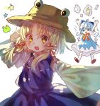  2girls ahoge arms_up bangs blonde_hair blue_eyes blue_hair bow brown_hat cirno frog frozen_frog hair_bow hair_ribbon hat ice ice_wings long_sleeves looking_at_viewer moriya_suwako multiple_girls open_mouth peipei puffy_short_sleeves puffy_sleeves purple_skirt red_ribbon ribbon short_sleeves simple_background skirt skirt_set smile star touhou tress_ribbon vest white_background wide_sleeves wings yellow_eyes 