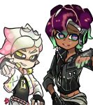 2boys black_gloves black_hair blue_eyes crown dark_skin dark_skinned_male fingerless_gloves fur_trim genderswap genderswap_(ftm) gloves gradient_hair looking_at_viewer male male_focus marina_(splatoon) midriff mole mole_under_mouth multicolored_hair multiple_boys navel navel_piercing octarian pearl_(splatoon) piercing pointy_ears pose short_hair simple_background splatoon splatoon_2 tentacle_hair upper_body white_background white_hair yellow_eyes yunomi_(art1925love) zipper