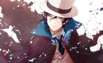  blue_eyes bungou_to_alchemist cape edogawa_ranpo_(bungou_to_alchemist) formal hat highres monocle necktie suit top_hat white_suit yadosumi 