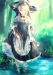  1girl :d asuna_(i_luv) black_bow black_bowtie blonde_hair bow bowtie braid closed_eyes commentary_request dress dress_lift forest frilled_dress frills hat hat_bow kirisame_marisa light_rays long_hair nature no_nose open_mouth plant pond puffy_short_sleeves puffy_sleeves short_sleeves single_braid smile solo sunlight touhou tree wading water witch_hat 