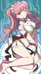  1girl alternate_costume alternate_hairstyle ass barefoot breasts cleavage fate/grand_order fate_(series) grin highres long_hair looking_at_viewer medb_(fate/grand_order) midriff navel one_eye_closed pink_hair shimo_(s_kaminaka) smile solo twintails yellow_eyes 