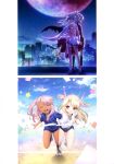  2girls absurdres adark_skin back-to-back black_legwear blonde_hair blue_buruma blue_sweater boots breasts chloe_von_einzbern closed_eyes day fate/kaleid_liner_prisma_illya fate_(series) feathers floating_hair full_body gym_uniform hair_feathers highres holding holding_staff illyasviel_von_einzbern long_hair looking_at_viewer magical_girl moon multiple_girls night open_mouth outdoors pink_boots pink_hair red_eyes rooftop shirt side_ponytail silver_hair smile staff standing sweater thigh-highs thigh_boots two_side_up white_shirt yellow_eyes 