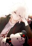  1boy absurdres black_sweater collarbone dangan_ronpa hair_between_eyes head_rest highres komaeda_nagito looking_at_viewer shiorinda shirt silver_hair silvere_eyes smile solo super_dangan_ronpa_2 sweater white_shirt 