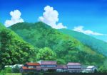  absurdres blue_sky clouds forest highres hirota house mountain nature no_humans scenery sky tree window 