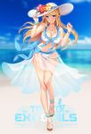  1girl absurdres anklet bare_shoulders beach bikini blonde_hair blue_eyes blue_sky blurry blush bracelet breasts cleavage day depth_of_field feet flower full_body gluteal_fold halter_top halterneck hat hat_flower hibiscus highres jewelry large_breasts looking_at_viewer official_art parted_lips sarong shimashima08123 sky smile solo standing sun_hat swimsuit toes tokyo_exe_girls white_bikini 