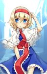  1girl alice_margatroid arm_up bangs blonde_hair blue_eyes capelet cowboy_shot eyebrows_visible_through_hair hair_between_eyes hairband hand_up highres looking_at_viewer necktie open_mouth red_necktie sash short_hair solo touhou usotsuki_penta 