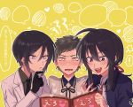  0tetra_u 2boys ahoge atsushi_toushirou black_gloves black_hair blush gloves labcoat long_hair male_focus multiple_boys namazuo_toushirou necktie ponytail pornography short_hair smile touken_ranbu violet_eyes yagen_toushirou 