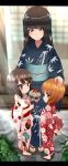  3girls alknasn arm_around_shoulder arms_behind_back bangs blue_kimono blunt_bangs brown_eyes brown_hair closed_mouth commentary_request day eyebrows_visible_through_hair family fan floral_print from_side full_body girls_und_panzer hand_on_another&#039;s_head highres holding japanese_clothes kimono long_hair looking_at_another looking_at_viewer mother_and_daughter multiple_girls nishizumi_maho nishizumi_miho nishizumi_shiho outdoors paper_fan print_kimono red_kimono sandals short_hair smile standing white_kimono younger 
