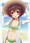  1girl bikini breasts brown_hair cowboy_shot frilled_bikini frills front-tie_top gradient_hair green_bikini groin hat jacket kantai_collection looking_at_viewer multicolored_hair mutsuki_(kantai_collection) navel ootori_(kyoya-ohtori) redhead short_hair small_breasts solo sun_hat swimsuit white_jacket 