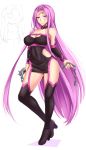  1girl boots breasts collar dress elbow_gloves facial_mark fate/stay_night fate_(series) forehead_mark gloves highres large_breasts long_hair looking_at_viewer purple_hair rider shuugetsu_karasu sleeveless smile solo strapless strapless_dress thigh-highs thigh_boots very_long_hair 