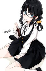  1girl bangs between_legs black_hair black_ribbon black_shoes black_skirt blue_eyes blush book clenched_hand dated glasses hair_ornament hair_rings hairclip hand_between_legs holding holding_book long_sleeves mole mole_under_eye neck_ribbon original ribbon scrunchie shiina_kuro shirt shoes sidelocks simple_background sitting skirt socks solo twitter_username wariza white_background white_legwear white_shirt yellow_scrunchie 