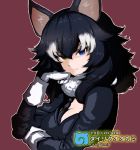  1girl animal_ears black_hair black_jacket black_necktie blue_eyes character_name chin_rest closed_mouth eyebrows_visible_through_hair fur_collar gloves grey_wolf_(kemono_friends) heterochromia jacket japari_symbol kemono_friends light_smile long_hair long_sleeves looking_at_viewer m2b multicolored_hair necktie portrait purple_background simple_background solo two-tone_hair white_gloves wolf_ears yellow_eyes 