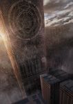  city clouds cloudy_sky fantasy lens_flare light_rays no_humans original scenery sky sunrise tower zennmai_siki 