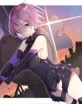  1girl armor armored_dress breasts commentary elbow_gloves evening eyes_visible_through_hair fate/grand_order fate_(series) gloves hair_over_one_eye ion_(on01e) large_breasts looking_at_viewer purple_hair shield shielder_(fate/grand_order) short_hair sleeveless solo twilight violet_eyes 