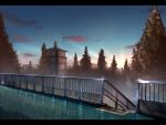  anonamos background blue_sky building clouds cloudy_sky house kimi_no_na_wa no_humans railing scenery sky stairs sunrise tree 