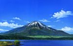  blue_sky clouds day forest hosoi_mikio lake mountain nature no_humans original outdoors plant reflection scenery sky traditional_media water_surface watercolor_(medium) 