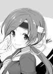  1girl artist_name cato_kobatashi chitose_(kantai_collection) headband kantai_collection long_hair looking_at_viewer low-tied_long_hair low_ponytail monochrome smile solo upper_body 