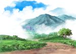 absurdres blue_sky bush castle clouds cloudy_sky day flower fog grass highres hirota mountain no_humans outdoors road scenery sky tree 