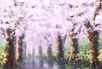  1boy 1girl beanie bush canal cherry_blossoms flower grass hat original outdoors scenery standing tree walking water zennmai_siki 