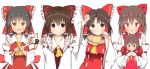  5girls akabeco benikurage black_hair blush bow breasts brown_eyes brown_hair cleavage closed_mouth collarbone cookie_(touhou) eyebrows_visible_through_hair hair_bow hair_tubes hakurei_reimu highres kanna_(cookie) large_breasts looking_at_viewer multiple_girls parted_lips paw_pose red_bow red_eyes reu sakenomi_(cookie) sananana short_hair smile touhou triangle_mouth wand yin_yang 