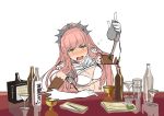  1girl alcohol blush breasts brown_gloves chopsticks cleavage cocktail_glass crown cup drinking_glass drunk elbow_gloves fate/grand_order fate_(series) gloves long_hair medb_(fate/grand_order) pink_hair plate shimo_(s_kaminaka) solo white_gloves yellow_eyes 