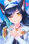  ;d ahri alternate_costume animal_ears black_hair bottle breasts cabbie_hat cleavage coat fox_ears fox_girl fox_tail hat heart heart_necklace league_of_legends long_hair long_sleeves looking_at_viewer one_eye_closed open_mouth popstar_ahri smile tail teeth uso_(ameuzaki) water_bottle whisker_markings yellow_eyes 