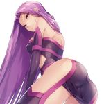  1girl absurdres ass back bare_shoulders breasts fate/stay_night fate_(series) highres long_hair medusa_(fate)_(all) purple_hair rider shinon_(tokage_shuryou) simple_background smile solo very_long_hair violet_eyes white_background 
