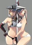  2girls adapted_costume arched_back arm_up bikini bismarck_(kantai_collection) black_gloves blue_eyes breasts brown_hair contrapposto cowboy_shot detached_collar elbow_gloves gloves gluteal_fold graf_zeppelin_(kantai_collection) grey_background grey_legwear hair_between_eyes hand_on_hip hat highres kantai_collection long_hair looking_at_viewer medium_breasts multiple_girls navel necktie parted_lips peaked_cap sidelocks simple_background smile stripper_pole sweatdrop swimsuit thigh-highs touyama_eight twintails 