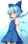  1girl arms_behind_back bangs blue_bow blue_dress blue_eyes blue_hair blush bow bowtie cirno cowboy_shot dress eyebrows_visible_through_hair gradient gradient_background hair_between_eyes hair_bow hand_on_own_arm highres ice ice_wings looking_to_the_side multicolored multicolored_background nose_blush red_bow red_bowtie short_hair short_sleeves sleeveless sleeveless_dress solo touhou two-tone_background usotsuki_penta wings 