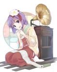  1girl :d bangs blunt_bangs clover flower four-leaf_clover frilled_kimono frills hair_flower hair_ornament hieda_no_akyuu japanese_clothes kimono looking_at_viewer open_mouth phonograph purple_hair record scroll short_hair smile solo stained_glass touhou violet_eyes wooden_floor yopan_danshaku 