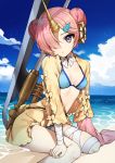  1girl arm_at_side bandage bandaged_arm bandaged_leg beach berserker_of_black bikini blue_bikini blue_eyes blue_sky breasts clouds cloudy_sky collarbone day double_bun eyebrows_visible_through_hair fate/apocrypha fate_(series) frankenstein&#039;s_monster_(swimsuit_saber)_(fate) gambe hair_ornament hair_over_one_eye hairclip hand_on_leg headgear highres horn long_sleeves medium_breasts neck_ribbon ocean open_clothes open_shirt outdoors parted_lips pink_hair planted_weapon ribbon shirt single_detached_sleeve sitting sky sleeves_past_wrists small_breasts solo strap_gap swimsuit wariza water weapon white_ribbon yellow_shirt 