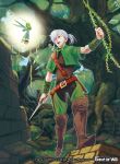  1boy belt boots braid copyright_name dagger force_of_will full_body grass leaf long_hair male_focus official_art orange_eyes ponytail solo teeth tree weapon white_hair 