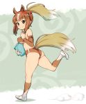  1girl animal_ears ass breasts brown_eyes brown_hair bucket buruma chestnut_thoroughbred_(kemono_friends) detached_sleeves erect_nipples horse_ears horse_tail japan_racing_association kemono_friends long_hair looking_at_viewer medium_breasts multicolored_hair ponytail running ryoji_(nomura_ryouji) smile solo sportswear tail white_hair 