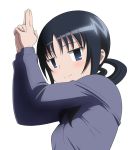  1girl black_hair blue_eyes blush cardigan kanchou looking_at_viewer low_twintails school_uniform seitokai_yakuindomo smile solo tora_tsugumi twintails uomi upper_body white_background 