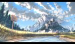  anonamos bird blue_sky castle clouds cloudy_sky flock forest grass mountain nature no_humans original river riverbank scenery sign sky 